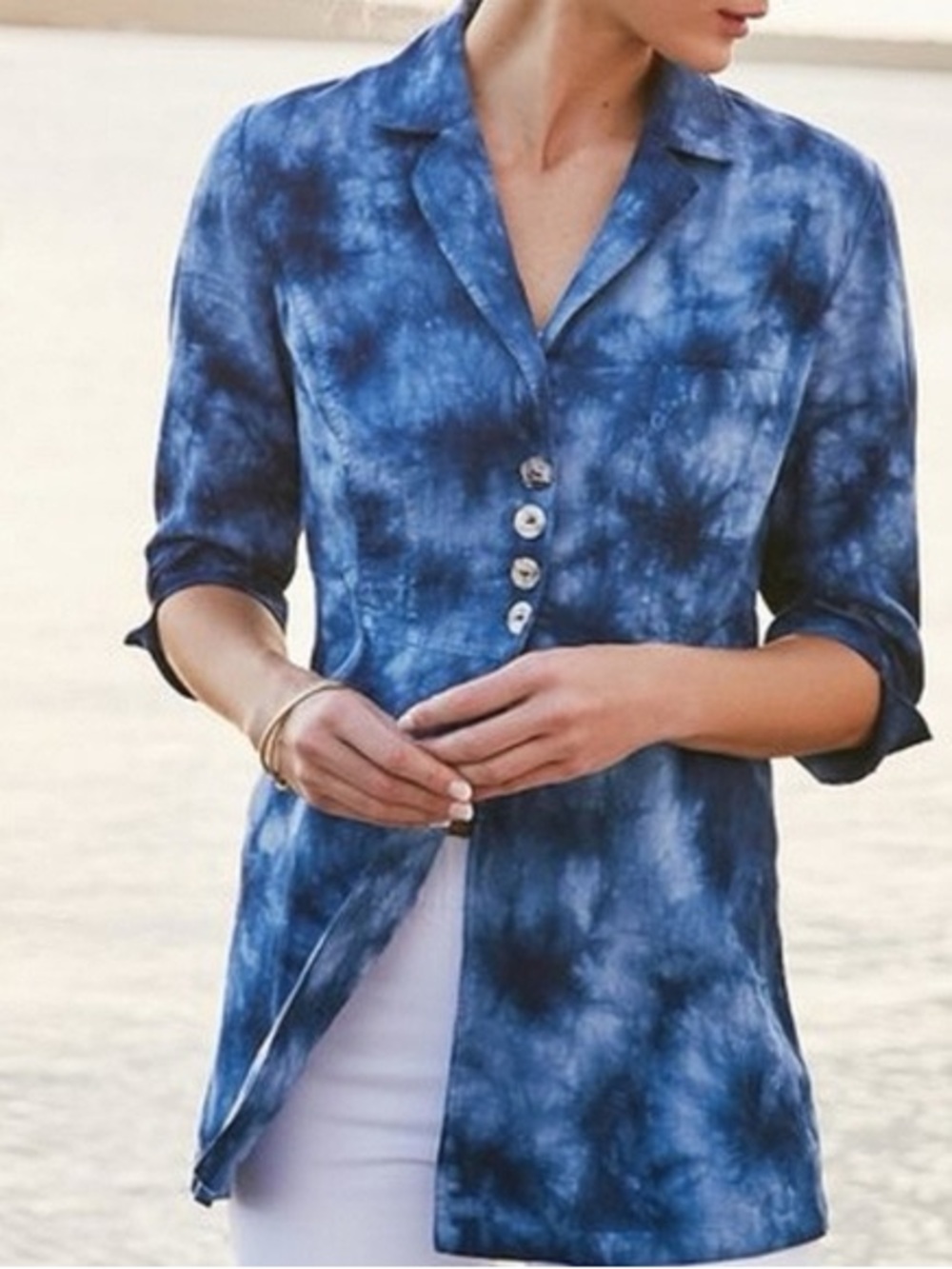Soft Surroundings 100% Linen Eza Tie Dye Lagenlook Top / Shacket 3/4 Sleeves Med